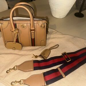 Gucci Beige Leather Bauletto Double G Small Top Handle Tote Crossbody Bag